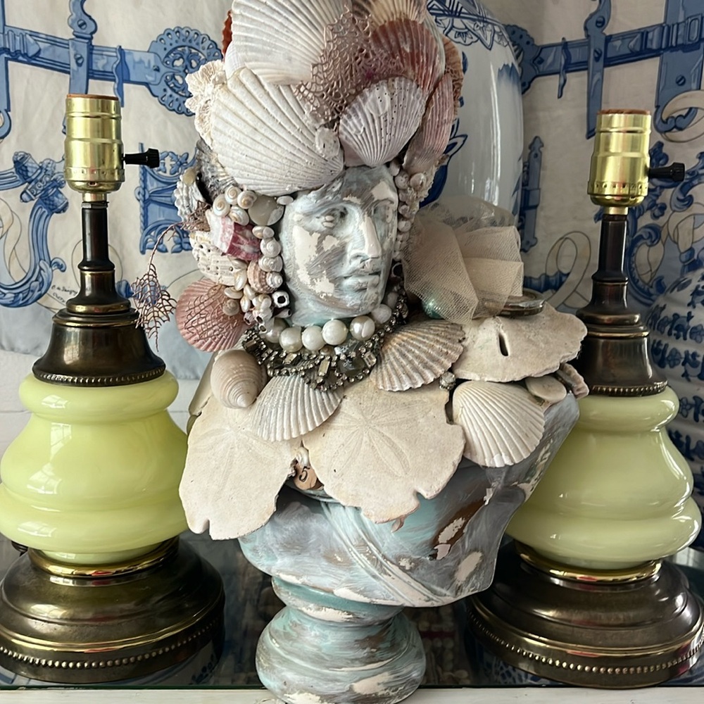 •ANTIQUE OPALINE LAMPS CELADON GREEN FRENCH BRASS MAXIMALIST•